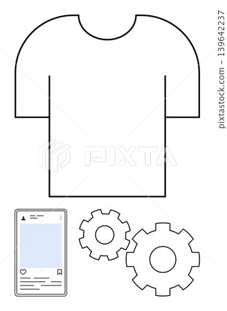 Personalization, e-commerce, digital marketing, branding, print-on-demand, workflow optimization. A shirt outline, social media interface and gear icons. Personalization and e-commerce concept Personalization, e-commerce, digital marketing, branding, print-on-demand, workflow optimization. A shirt outline, social media interface and gear icons. Personalization and e-commerce concept 139642237