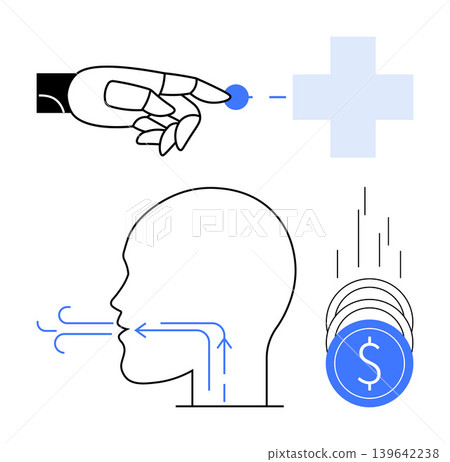 Artificial intelligence, healthcare innovation, financial technology, automation, digital health, investment tools. Robot hand touching, human airway diagram coins falling. AI-driven healthcare Artificial intelligence, healthcare innovation, financial technology, automation, digital health, investment tools. Robot hand touching, human airway diagram coins falling. AI-driven healthcare 139642238