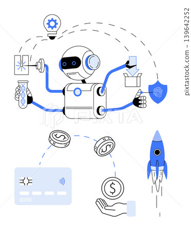 Artificial intelligence, robotics, technology, financial automation, innovation, digital security. Robot executing tasks holding test tube, fingerprint shield and financial icons. AI and technology Artificial intelligence, robotics, technology, financial automation, innovation, digital security. Robot executing tasks holding test tube, fingerprint shield and financial icons. AI and technology 139642252