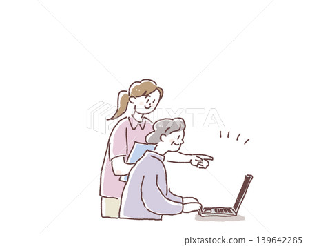 一位女護理員正在教導一位老婦人如何使用電腦。 一位女護理員正在教導一位老婦人如何使用電腦。 139642285