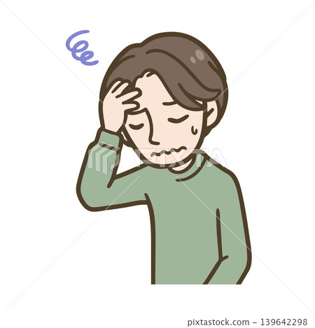 A simple illustration of a man holding his head in his hands in worry. 139642298