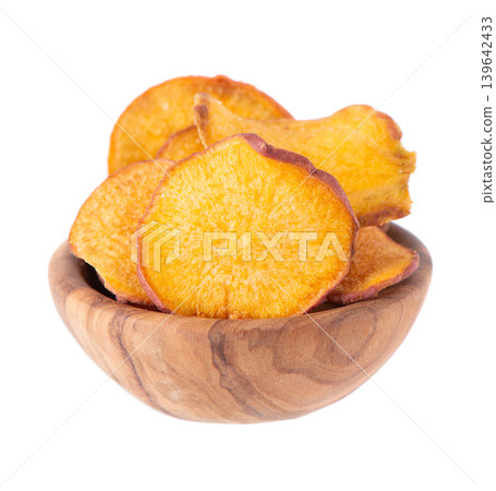 Crispy roasted sweet potato chips with sea salt, isolated on white background. Healthy and crunchy natural vegetable snack. Clipping path. Crispy roasted sweet potato chips with sea salt, isolated on white background. Healthy and crunchy natural vegetable snack. Clipping path. 139642433
