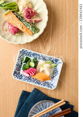 Pickled cucumbers, turnips, carrots, and radishes in rice bran Pickled cucumbers, turnips, carrots, and radishes in rice bran 139642483