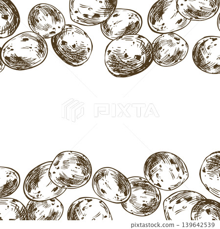 Hand drawn sketch of potato vegetable border. Ink illustration template with organic raw food. Graphic line art design for agricultural market, menu page background and food packaging. Hand drawn sketch of potato vegetable border. Ink illustration template with organic raw food. Graphic line art design for agricultural market, menu page background and food packaging. 139642539