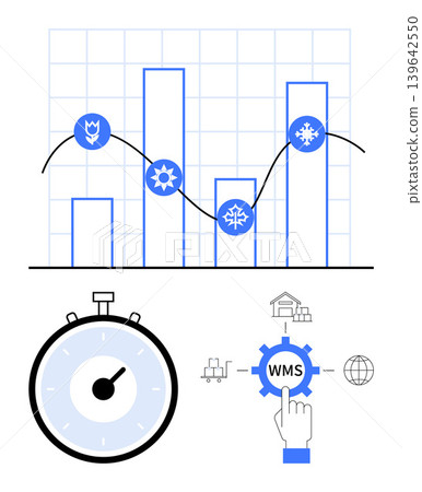 Warehouse management, logistics solutions, inventory tracking, supply chain efficiency, data analysis, system automation. Bar graph and logistics icons with WMS gear symbol. Logistics and supply 139642550