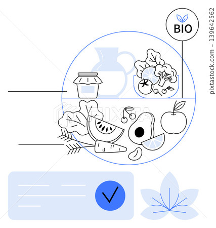 Organic food, healthy eating, sustainable agriculture, nutrition, eco-friendly practices, bio certification. Line art of fruits, vegetables and bio label. Organic food and healthy eating concept Organic food, healthy eating, sustainable agriculture, nutrition, eco-friendly practices, bio certification. Line art of fruits, vegetables and bio label. Organic food and healthy eating concept 139642562