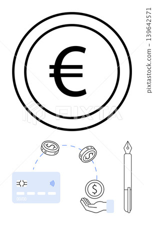 Financial transactions, digital payments, global trade, banking, savings, economic exchange. Euro symbol, card hand holding coin pen. Financial transactions and digital payments concept Financial transactions, digital payments, global trade, banking, savings, economic exchange. Euro symbol, card hand holding coin pen. Financial transactions and digital payments concept 139642571