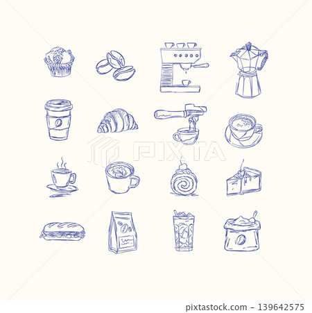 Coffee and bakery hand drawn elements blue Coffee and bakery hand drawn elements blue 139642575