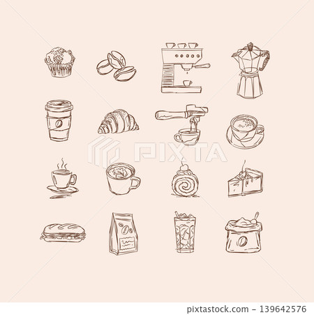 Coffee and bakery hand drawn elements brown Coffee and bakery hand drawn elements brown 139642576