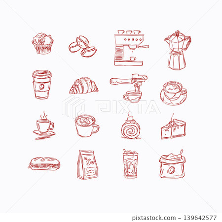 Coffee and bakery hand drawn elements red Coffee and bakery hand drawn elements red 139642577