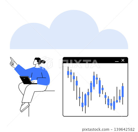 Financial analysis, cloud technology, stock market trends, data visualization, tech innovation, online investment. A person points while seated with a laptop near a stock chart and cloud icon Financial analysis, cloud technology, stock market trends, data visualization, tech innovation, online investment. A person points while seated with a laptop near a stock chart and cloud icon 139642582