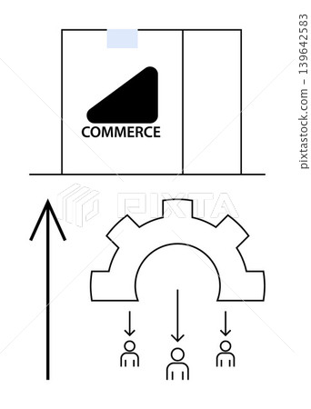 E-commerce, logistics, workflow, technology, efficiency, distribution. Box labeled commerce, gear with arrows pointing to individuals. E-commerce and logistics concept work automation flow E-commerce, logistics, workflow, technology, efficiency, distribution. Box labeled commerce, gear with arrows pointing to individuals. E-commerce and logistics concept work automation flow 139642583