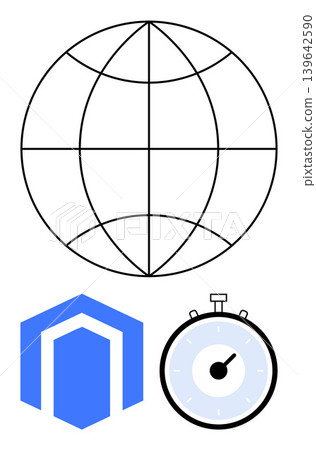 Global communication, online security, time management, internet speed, data protection, digital workflow. A globe symbol, hexagonal shield and stopwatch. Global communication and online security Global communication, online security, time management, internet speed, data protection, digital workflow. A globe symbol, hexagonal shield and stopwatch. Global communication and online security 139642590