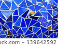 Blue Broken Ceramic Tiles Mosaic Wall Background. 139642592