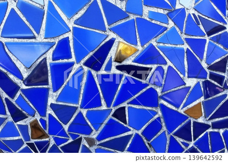Blue Broken Ceramic Tiles Mosaic Wall Background. Blue Broken Ceramic Tiles Mosaic Wall Background. 139642592