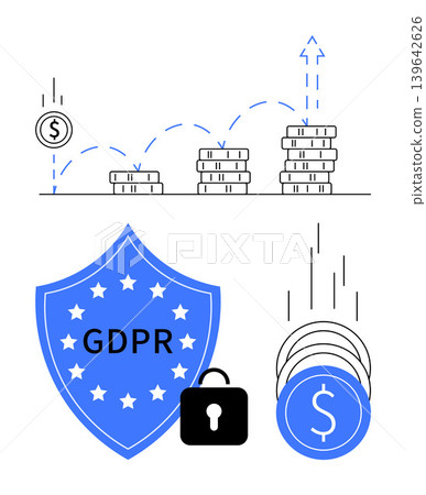Data security, financial compliance, online privacy, regulation, economic growth, secure transactions. Shield labeled GDPR, lock stacked coins with growth arrow. Data security and financial Data security, financial compliance, online privacy, regulation, economic growth, secure transactions. Shield labeled GDPR, lock stacked coins with growth arrow. Data security and financial 139642626
