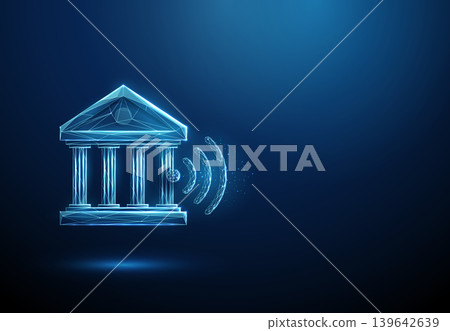 3D blue bank icon and wifi symbol. Online banking, wireless payment, digital finance, contactless transaction, mobile commerce, fintech, internet, safety concept 139642639