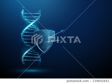 3D blue DNA and shield with arrows. Genetic protection, biotechnology security, resistance to biological threats, biotechnology, gene therapy, medical safety concept 3D blue DNA and shield with arrows. Genetic protection, biotechnology security, resistance to biological threats, biotechnology, gene therapy, medical safety concept 139642641