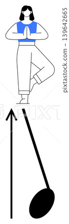 Fitness, mindfulness, balance, personal growth, healthy lifestyle, self-care. Woman in yoga tree pose next to arrow and abstract shape. Balance and mindfulness concepts visually Fitness, mindfulness, balance, personal growth, healthy lifestyle, self-care. Woman in yoga tree pose next to arrow and abstract shape. Balance and mindfulness concepts visually 139642665