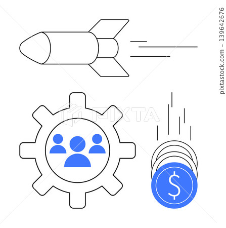 Business growth, teamwork, innovation, financial success, operational efficiency, startup growth. A rocket, gear with people icons and coins signify these . Business growth and teamwork concepts Business growth, teamwork, innovation, financial success, operational efficiency, startup growth. A rocket, gear with people icons and coins signify these . Business growth and teamwork concepts 139642676