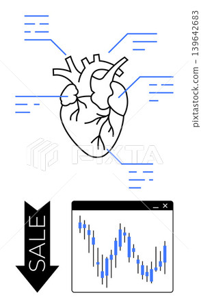 Health trends, financial analytics, biotech, market forecasting, digital commerce, economic insights. Heart icon with tech lines, downward sale arrow and stock chart. Health trends and financial Health trends, financial analytics, biotech, market forecasting, digital commerce, economic insights. Heart icon with tech lines, downward sale arrow and stock chart. Health trends and financial 139642683