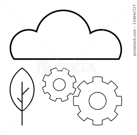 Sustainability, cloud computing, eco-friendly innovation, green energy, digital transformation, environmental care. Cloud, gear icons and a leaf in minimalist design. Sustainability and cloud Sustainability, cloud computing, eco-friendly innovation, green energy, digital transformation, environmental care. Cloud, gear icons and a leaf in minimalist design. Sustainability and cloud 139642727