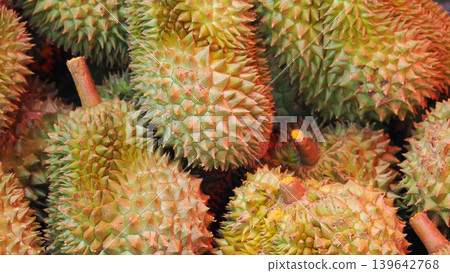 Fresh organic durian fruits, spiky tropical fruit harvest background. 139642768