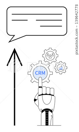 Automation, AI integration, CRM systems, business solutions, data management, robotics. Robotic hand selecting CRM gear with speech bubble and data icons. Automation and AI integration concept Automation, AI integration, CRM systems, business solutions, data management, robotics. Robotic hand selecting CRM gear with speech bubble and data icons. Automation and AI integration concept 139642778
