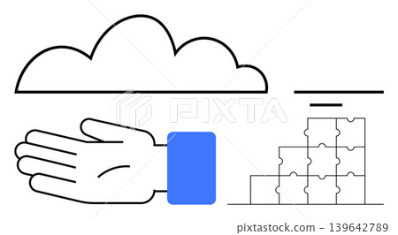 Cloud computing, teamwork, data management, problem-solving, support, innovation. Linear icons a cloud, an open hand and stacked puzzle pieces. Cloud computing and teamwork theme Cloud computing, teamwork, data management, problem-solving, support, innovation. Linear icons a cloud, an open hand and stacked puzzle pieces. Cloud computing and teamwork theme 139642789