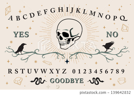 Spirit board design featuring skull, letters, and mystical symbols evokes sense of mystery and supernatural Spirit board design featuring skull, letters, and mystical symbols evokes sense of mystery and supernatural 139642832