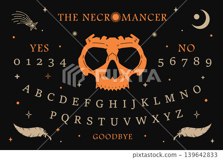 Mystical spirit board featuring skull design, with letters, numbers, and symbols, evokes sense of supernatural and unknown 139642833