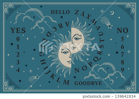 Mystical spirit board design featuring sun motif, celestial elements, and deep blue background, evoking sense of intrigue and wonder Mystical spirit board design featuring sun motif, celestial elements, and deep blue background, evoking sense of intrigue and wonder 139642834