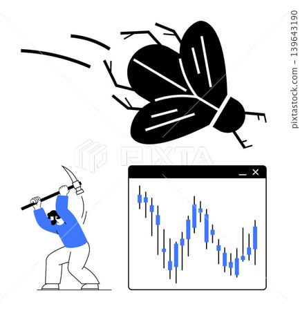 Financial crises, stock market volatility, resilience, economic downfall, trading challenges, problem-solving. Visual includes a stock market chart, a giant bug, and a person with a pickaxe 139643190