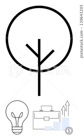 Sustainability, innovation, business growth, eco-friendly strategies, startup planning, financial success. Abstract tree symbol with light bulb, briefcase arrows and dollar icon. Sustainability Sustainability, innovation, business growth, eco-friendly strategies, startup planning, financial success. Abstract tree symbol with light bulb, briefcase arrows and dollar icon. Sustainability 139643205