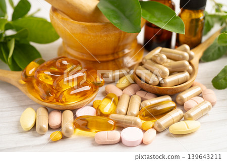 Alternative medicine herbal organic capsule drug herb. 139643211