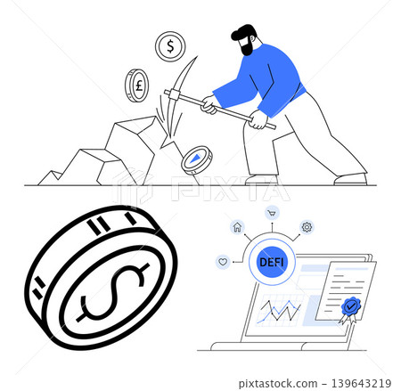 Cryptocurrency, blockchain, decentralized finance, digital economy, fintech, online transactions. Miner using a pickaxe, coins and a DEFI interface on a laptop. Cryptocurrency and blockchain Cryptocurrency, blockchain, decentralized finance, digital economy, fintech, online transactions. Miner using a pickaxe, coins and a DEFI interface on a laptop. Cryptocurrency and blockchain 139643219