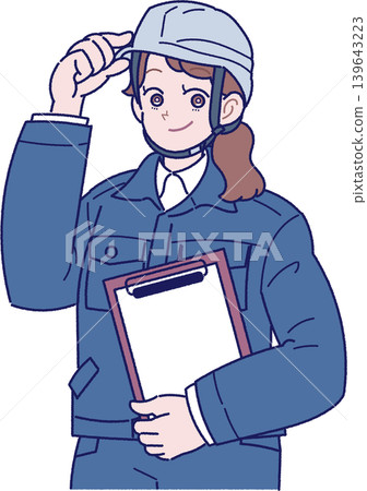 An illustration of a female worker wearing a helmet and a navy blue work uniform. An illustration of a female worker wearing a helmet and a navy blue work uniform. 139643223