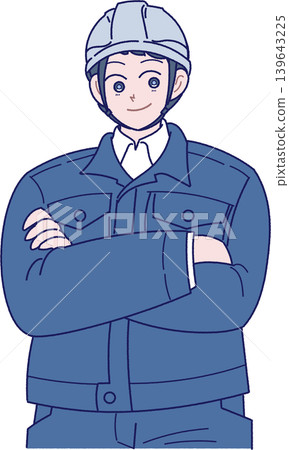 插圖描繪了一名戴著安全帽、身穿藏藍色工作服的男性工人。 插圖描繪了一名戴著安全帽、身穿藏藍色工作服的男性工人。 139643225