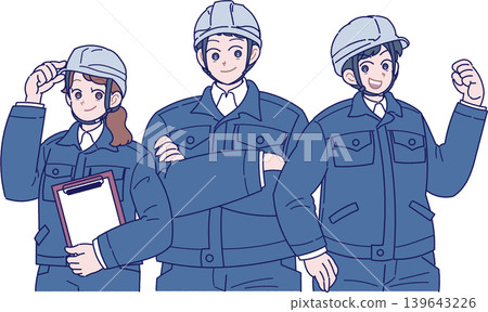 插圖描繪了三名戴著安全帽、穿著藏藍色工作服的工人。 插圖描繪了三名戴著安全帽、穿著藏藍色工作服的工人。 139643226