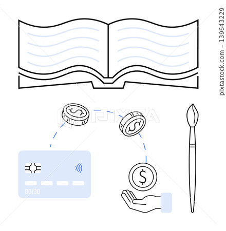 Creative economy, financial literacy, e-commerce, art funding, transaction systems, digital payments. Card, coins hand book and paintbrush finance and creativity interaction. Creative economy 139643229