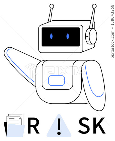 Risk management, process automation, cybersecurity, data loss prevention, decision-making, and analysis. A robot illustration signaling risk with documents and a warning sign. Risk management Risk management, process automation, cybersecurity, data loss prevention, decision-making, and analysis. A robot illustration signaling risk with documents and a warning sign. Risk management 139643259
