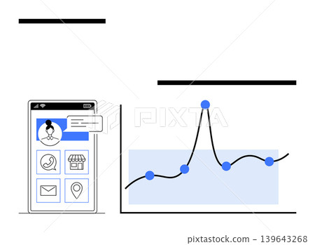 Data analysis, user interface design, entrepreneurship, online marketing, performance tracking, technology insights. Smartphone with app icons and graph showing data points. Data analysis and user 139643268