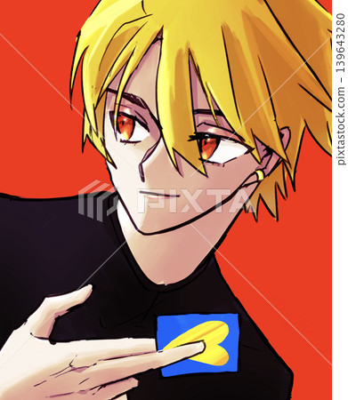 A blonde man holding a card 139643280
