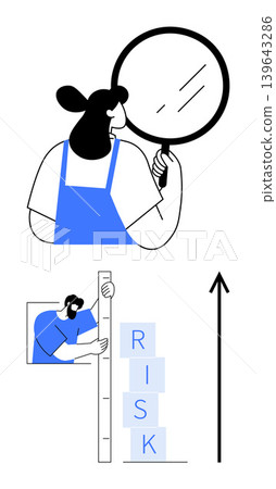 Risk assessment, decision-making, growth strategy, problem-solving, business planning, monitoring progress. Woman using a magnifying glass and a person measuring risk. Risk assessment Risk assessment, decision-making, growth strategy, problem-solving, business planning, monitoring progress. Woman using a magnifying glass and a person measuring risk. Risk assessment 139643286