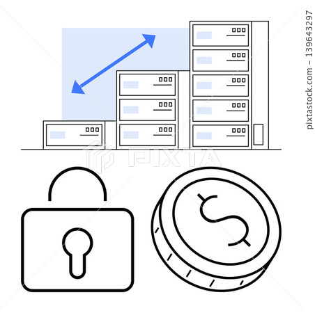 Economic growth, financial security, market trends, business success, investments, and savings. A coin, lock and upward arrow chart with buildings. Financial security and investments concept Economic growth, financial security, market trends, business success, investments, and savings. A coin, lock and upward arrow chart with buildings. Financial security and investments concept 139643297
