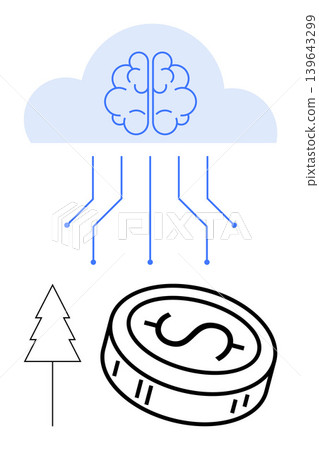 Technology innovation, cloud computing, environmental awareness, financial systems, artificial intelligence, eco-finance. Cloud with a digital brain, coin and tree image. Cloud computing Technology innovation, cloud computing, environmental awareness, financial systems, artificial intelligence, eco-finance. Cloud with a digital brain, coin and tree image. Cloud computing 139643299