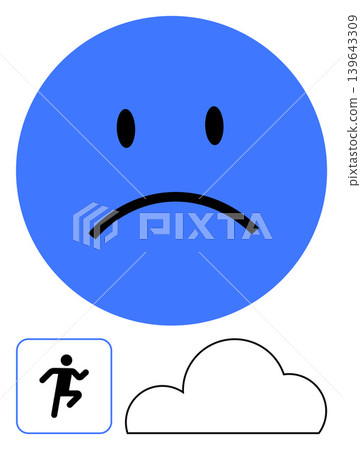 Emotional health, fitness motivation, mental well-being, mood tracking, exercise benefits, weather impact. A sad face in blue, running person icon and cloud graphic. Emotional health and fitness 139643309