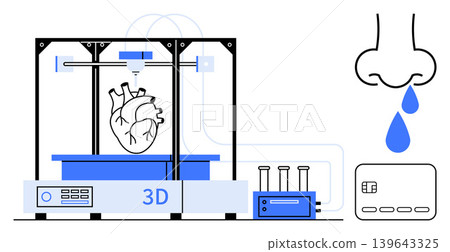 Bioprinting, medical technology, organ transplantation, healthcare innovation, 3D printing, and future medicine. A 3D printer producing a human heart with medical apparatus. Bioprinting and organ Bioprinting, medical technology, organ transplantation, healthcare innovation, 3D printing, and future medicine. A 3D printer producing a human heart with medical apparatus. Bioprinting and organ 139643325