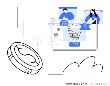 Online shopping, discounts, cashback offers, e-commerce, financial technology, digital payments. A coin, shopping cart on screen and people amid discounts and cashback graphics. E-commerce 139643326