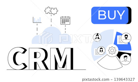 Business planning, marketing, data management, CRM tools, e-commerce, online transactions. Cloud with charts, calendar team icons and buy button. CRM system and data handling concept Business planning, marketing, data management, CRM tools, e-commerce, online transactions. Cloud with charts, calendar team icons and buy button. CRM system and data handling concept 139643327